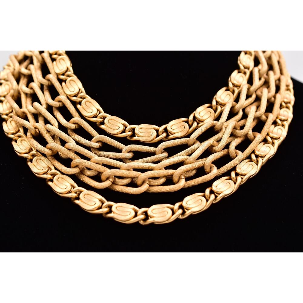 Vintage 1980s Gold Multi Strand Chain Necklace Bow Bib Statement Collar 80s BinT - Picture 5 of 12